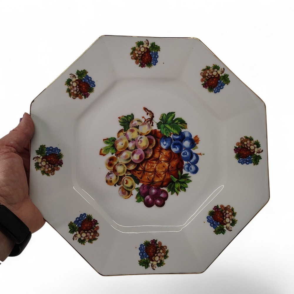 Artmark Octagonal Plate Wall Decor Decorative Fruit Design Gold Trim Japan 10.5"